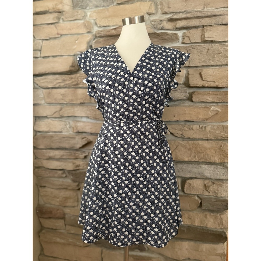 Urban Outfitters Navy Floral Wrap Dress Women's Medium Ruffle Sleeve V-Neck